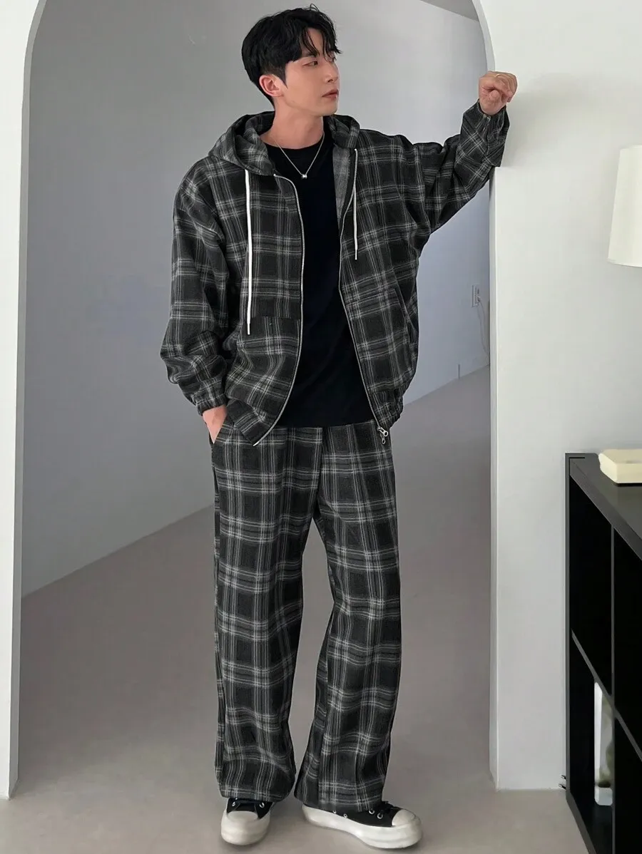 チェック柄 フード付き ジップアップ ロングスリーブ ジャケット ポケット付き スウェットパンツ セット