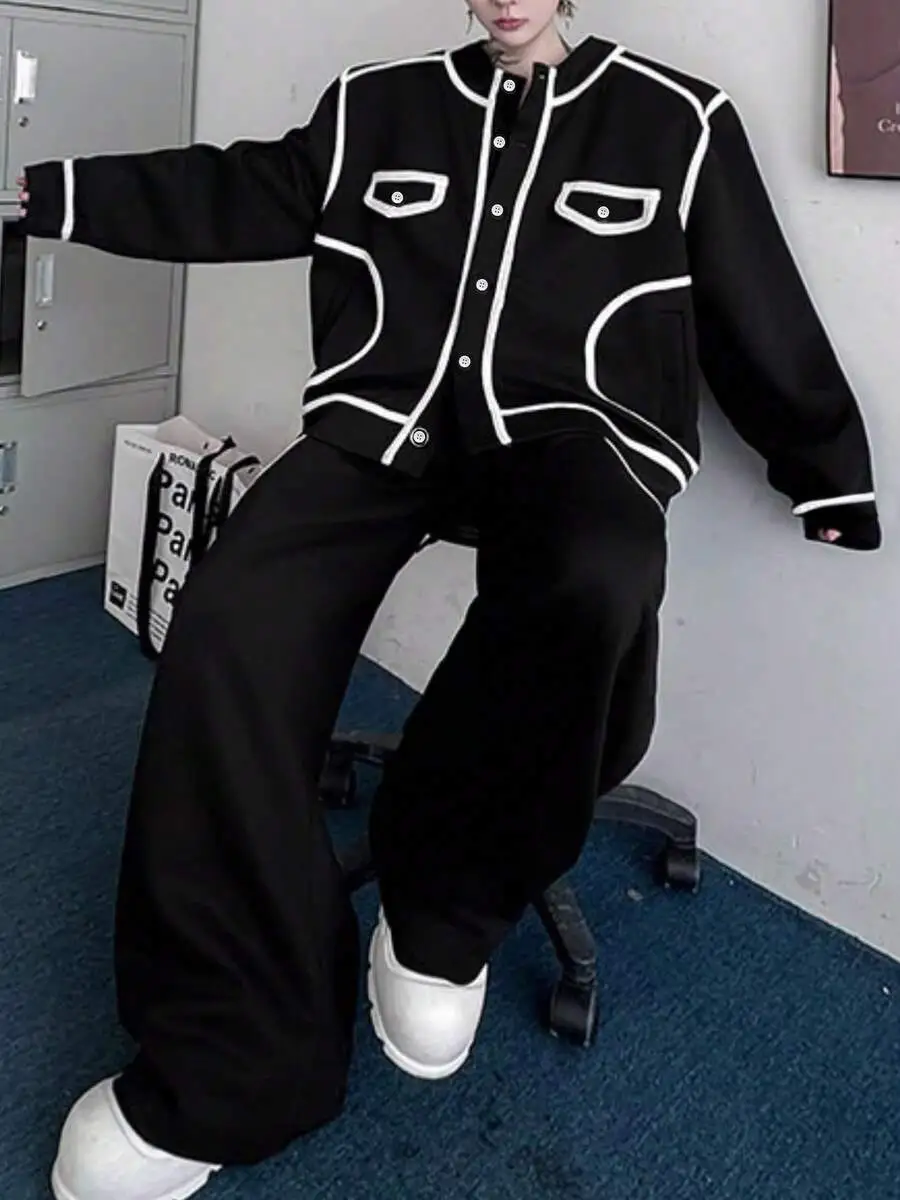 ルーズフィット コントラスト ジャケット ワイドレッグパンツ 2点セット