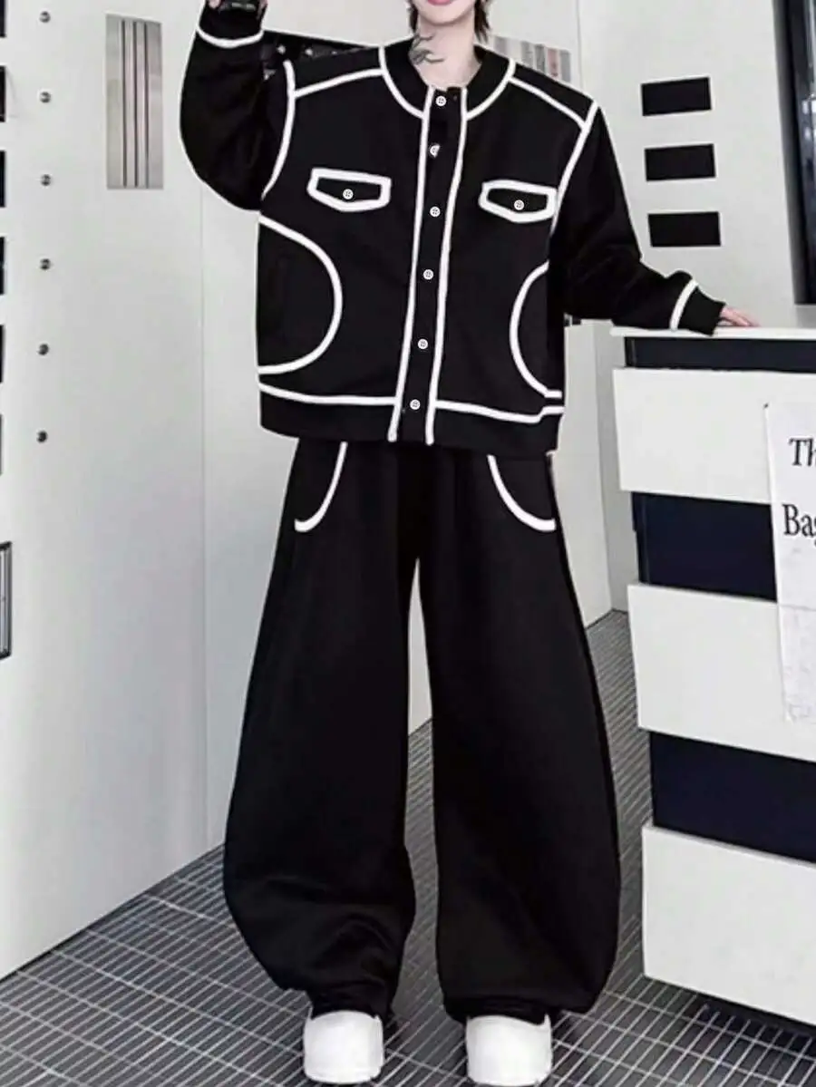 ルーズフィット コントラスト ジャケット ワイドレッグパンツ 2点セット