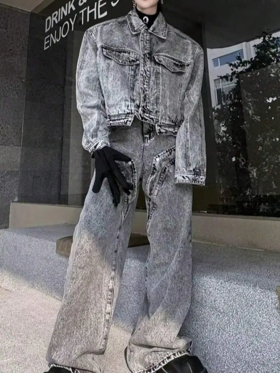 トレンディ レトロ デニムジャケット ロングパンツ セットアップ