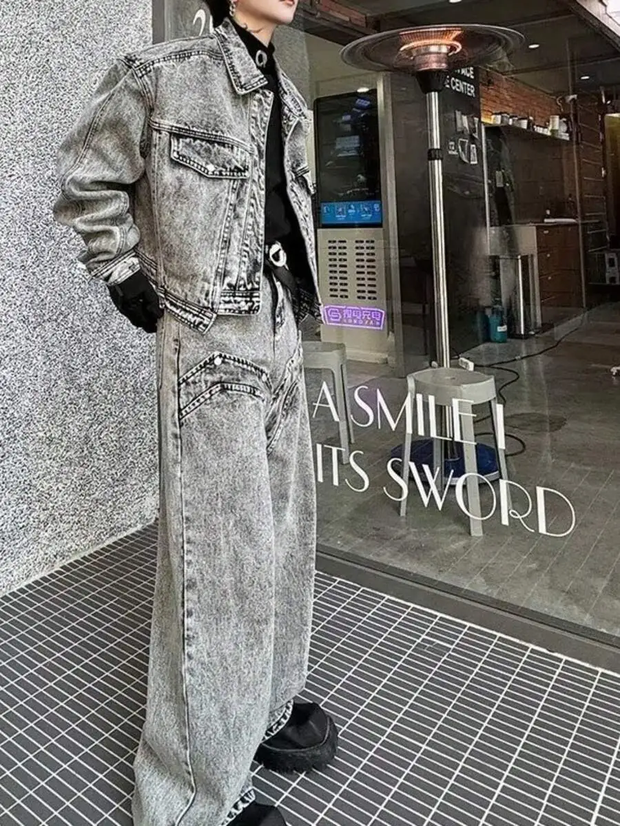 トレンディ レトロ デニムジャケット ロングパンツ セットアップ