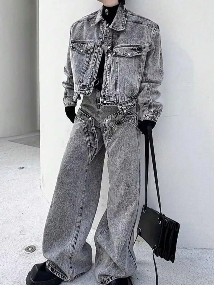 トレンディ レトロ デニムジャケット ロングパンツ セットアップ