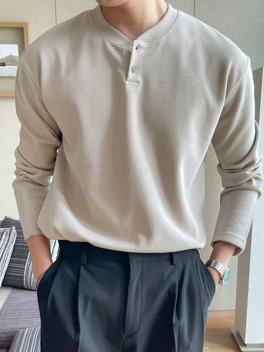 無地 ハーフボタン 秋 長袖 Tシャツ