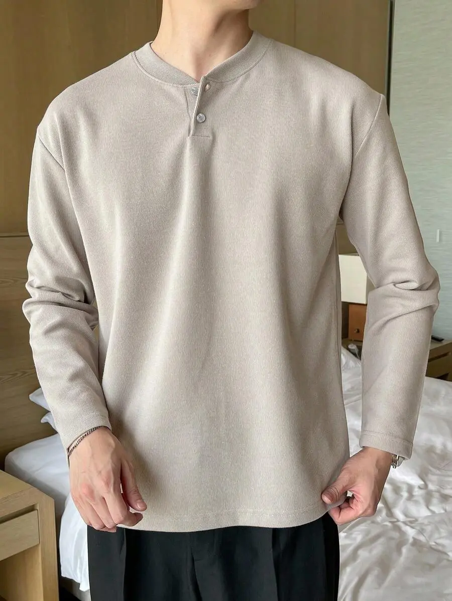 無地 ハーフボタン 秋 長袖 Tシャツ