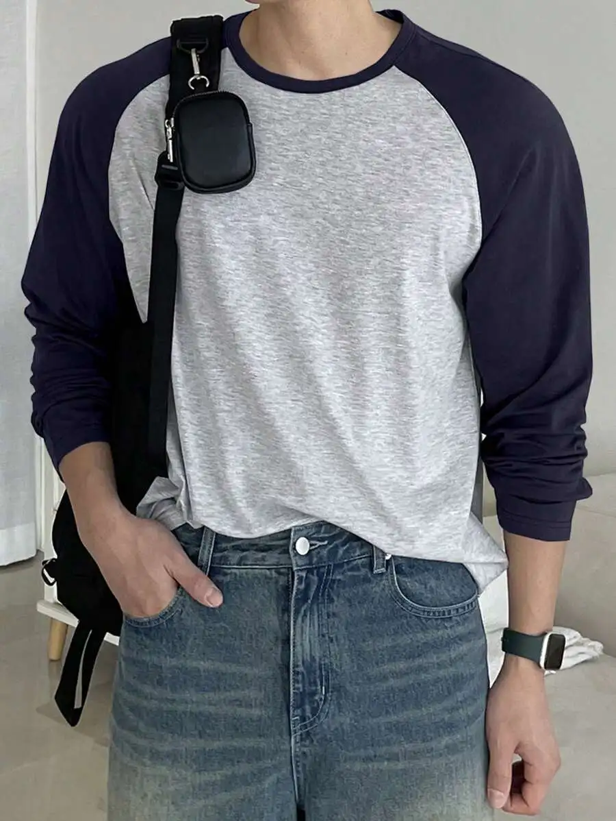 クルーネック カジュアル コントラストカラー 長袖 Tシャツ