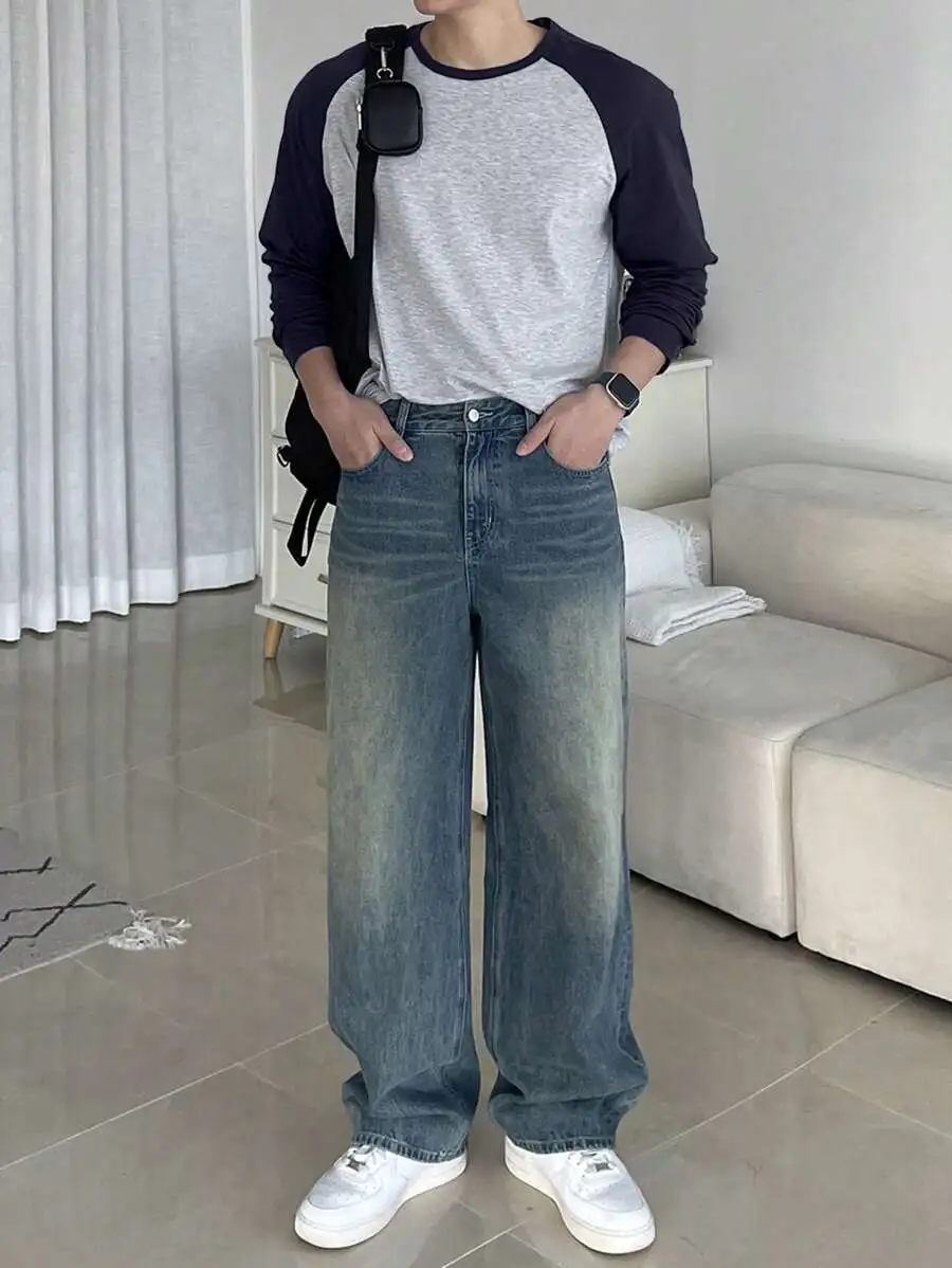 クルーネック カジュアル コントラストカラー 長袖 Tシャツ