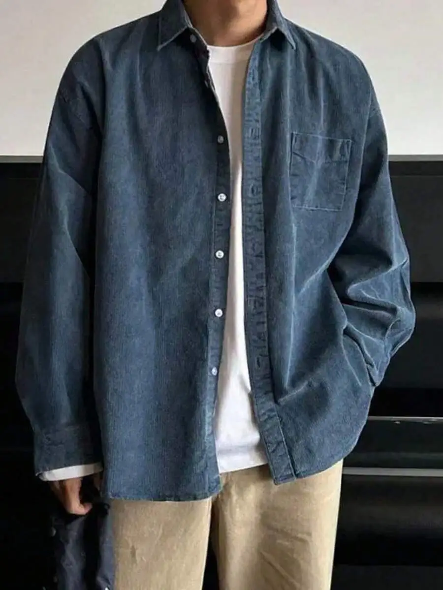 コーデュロイ デイリー   カジュアル   パッチワーク ポケット 無地 長袖シャツ