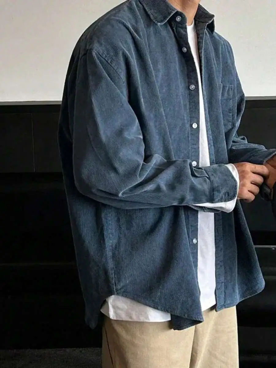 コーデュロイ デイリー   カジュアル   パッチワーク ポケット 無地 長袖シャツ