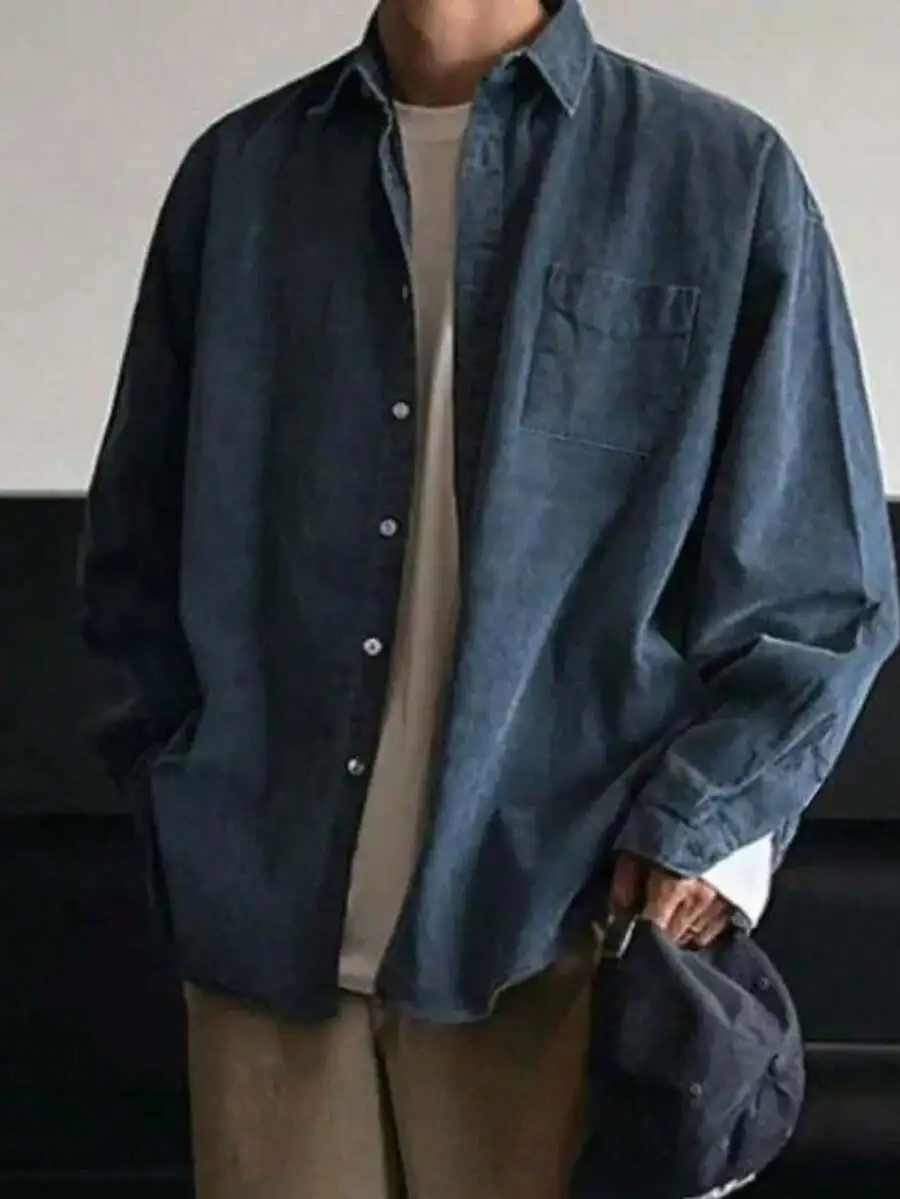 コーデュロイ デイリー   カジュアル   パッチワーク ポケット 無地 長袖シャツ