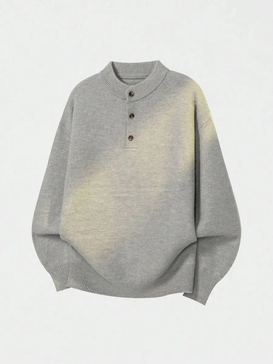 グレークルーネック 暖かい ボタン付き襟デザイン カジュアル シンプル  デイリー 長袖 ニットセーター
