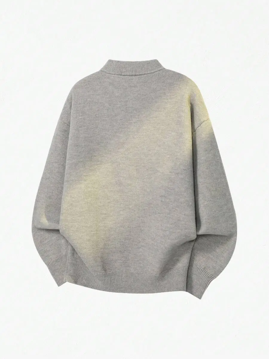 グレークルーネック 暖かい ボタン付き襟デザイン カジュアル シンプル  デイリー 長袖 ニットセーター