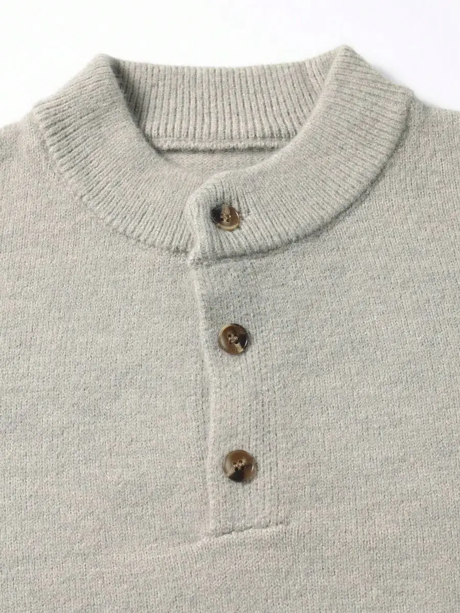 グレークルーネック 暖かい ボタン付き襟デザイン カジュアル シンプル  デイリー 長袖 ニットセーター