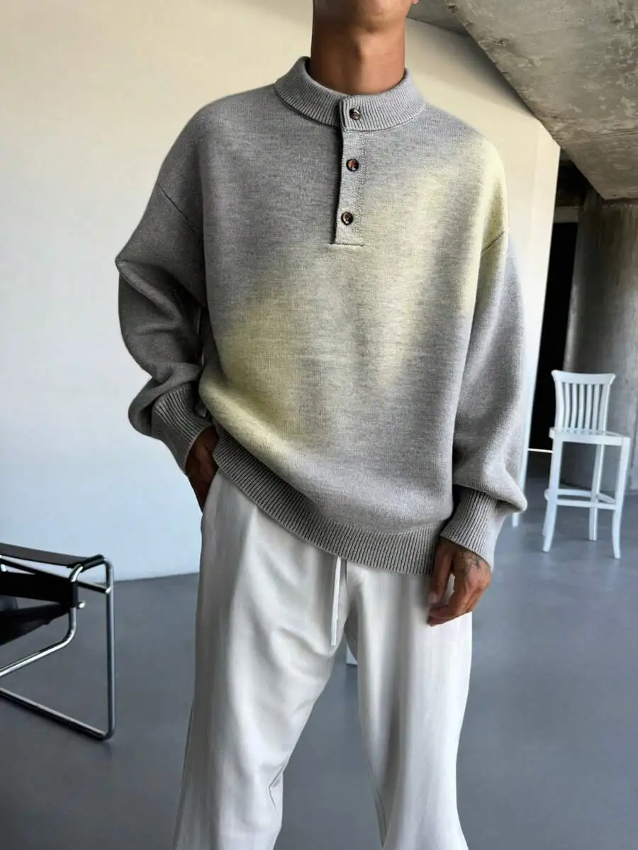 グレークルーネック 暖かい ボタン付き襟デザイン カジュアル シンプル  デイリー 長袖 ニットセーター