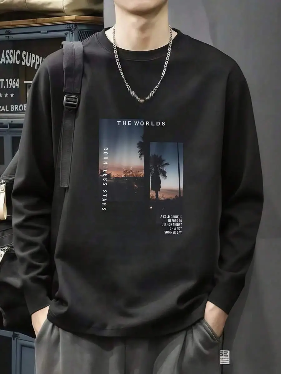 プリント クルーネック 長袖 カジュアル Tシャツ