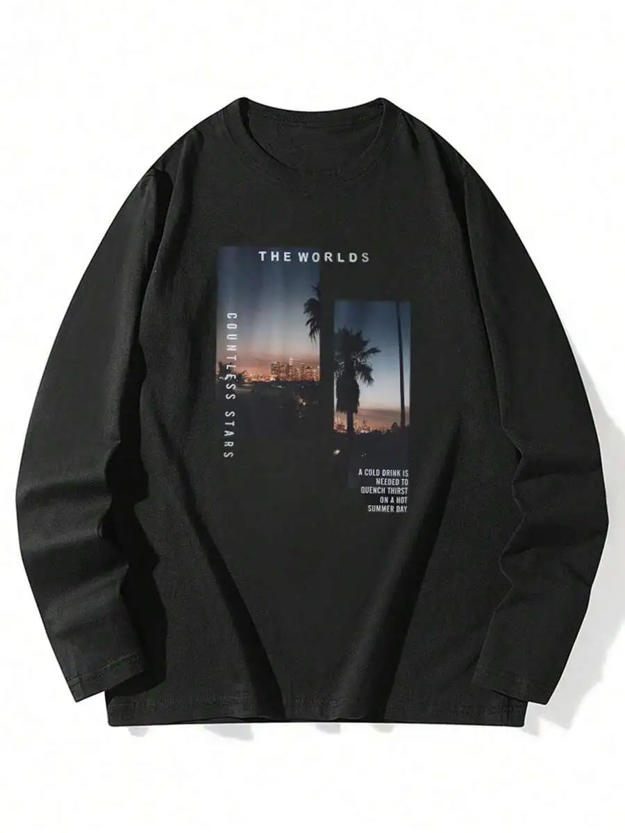 プリント クルーネック 長袖 カジュアル Tシャツ