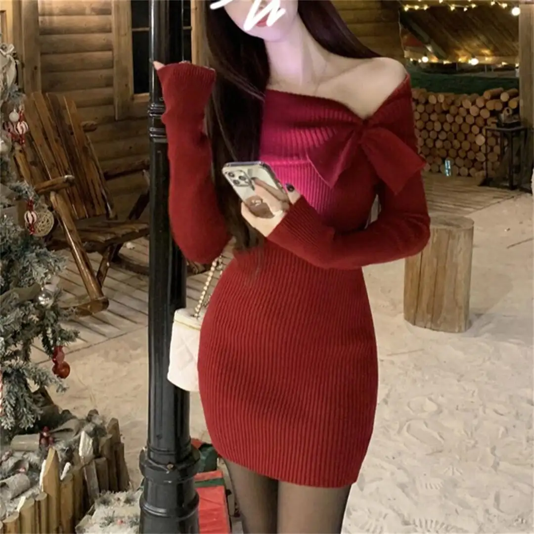 クリスマス リボン ボディコン ニット レッド アプリコット ワンピース