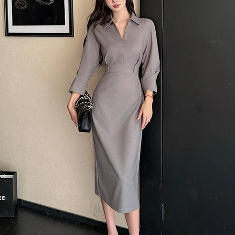 OL風 シャツワンピース スリット ハイウエスト グレー