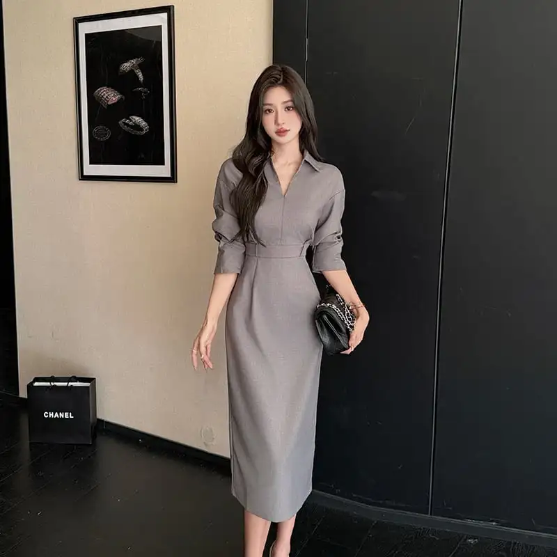 OL風 シャツワンピース スリット ハイウエスト グレー