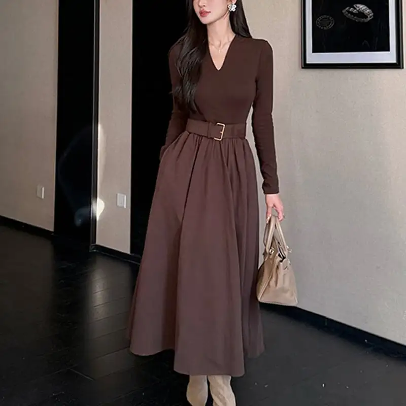 ワンピース 2色展開 Vネック 通勤 コーヒー色 ブラック