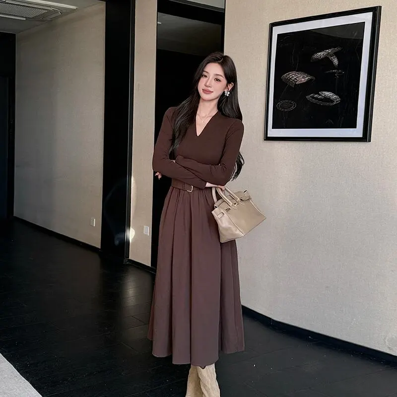 ワンピース 2色展開 Vネック 通勤 コーヒー色 ブラック