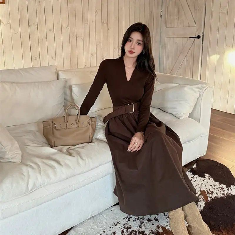 ワンピース 2色展開 Vネック 通勤 コーヒー色 ブラック