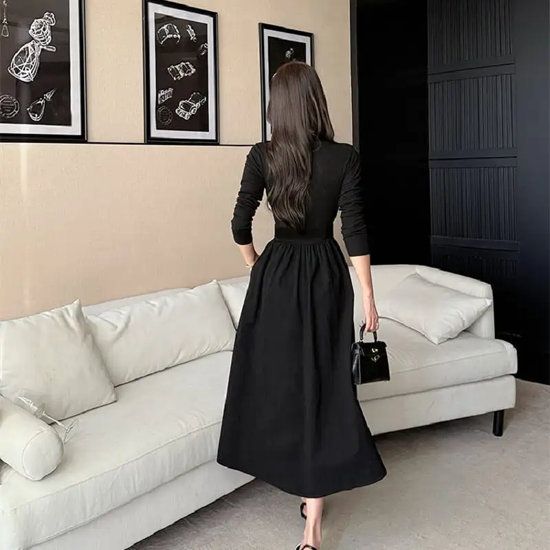 ワンピース 2色展開 Vネック 通勤 コーヒー色 ブラック