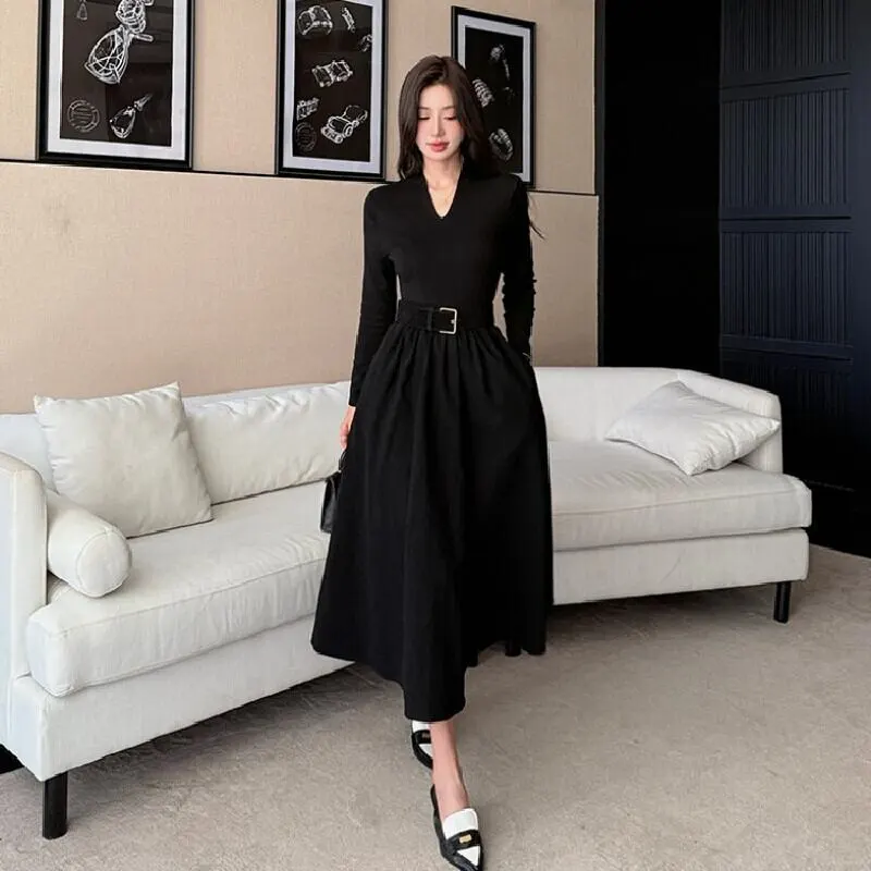 ワンピース 2色展開 Vネック 通勤 コーヒー色 ブラック