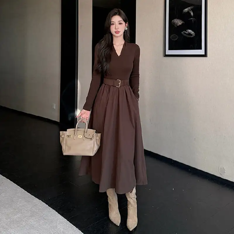 ワンピース 2色展開 Vネック 通勤 コーヒー色 ブラック