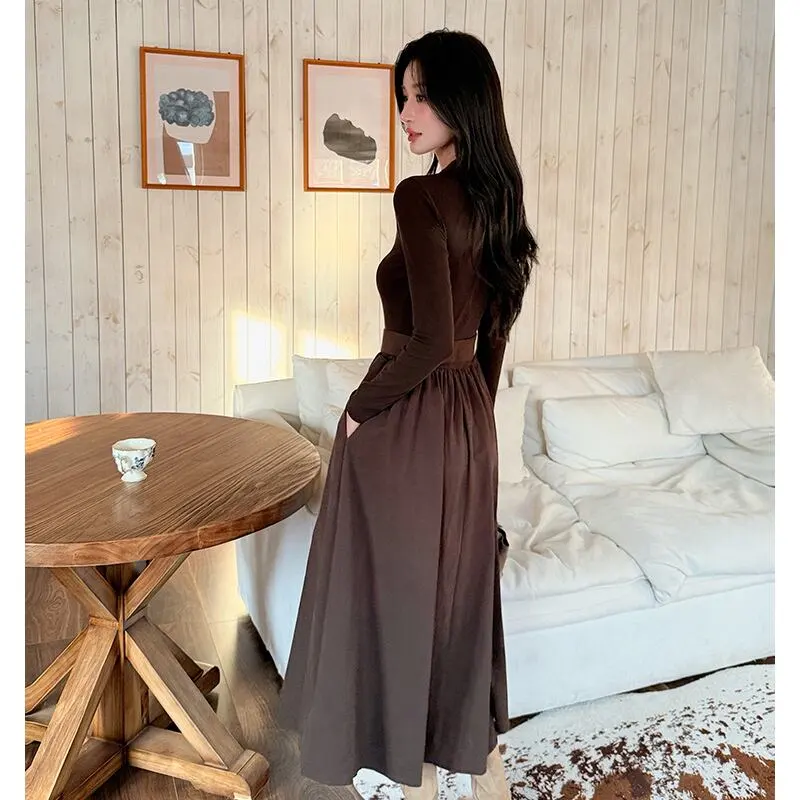 ワンピース 2色展開 Vネック 通勤 コーヒー色 ブラック