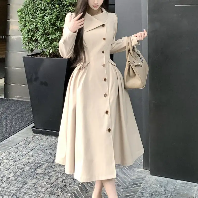 トレンチ風ワンピース 大人カジュアル すっきり ダークベージュ