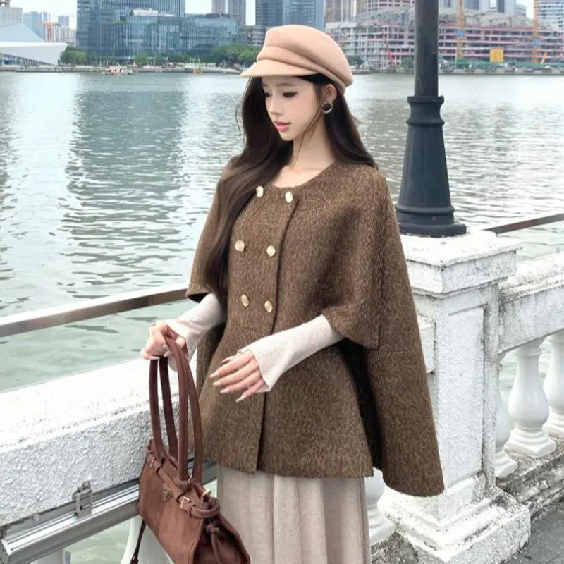 アウター ケープ風ポンチョコート ダブルブレスト レトロ コーヒー色