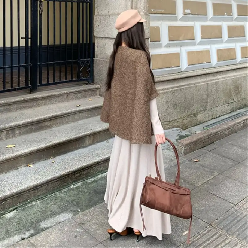 アウター ケープ風ポンチョコート ダブルブレスト レトロ コーヒー色