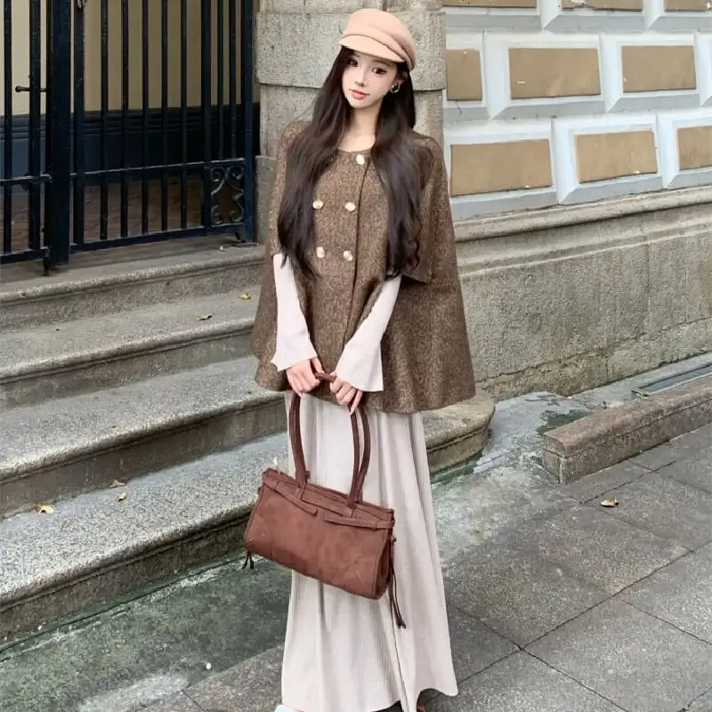 アウター ケープ風ポンチョコート ダブルブレスト レトロ コーヒー色