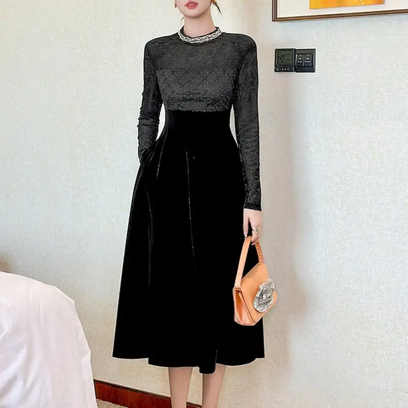 ワンピース ハイウエスト ラウンドネック レトロ ブラック