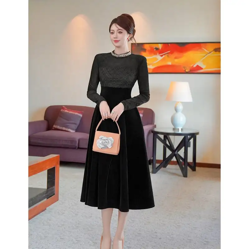 ワンピース ハイウエスト ラウンドネック レトロ ブラック