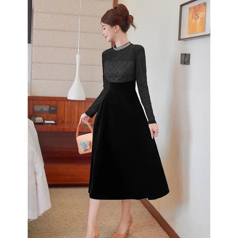 ワンピース ハイウエスト ラウンドネック レトロ ブラック