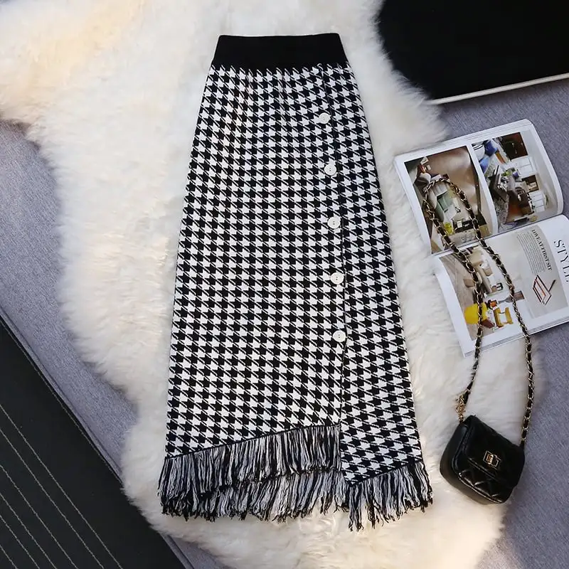 ボトムス スカート 千鳥格子柄 ニット 不規則 ハイウエスト ブラック