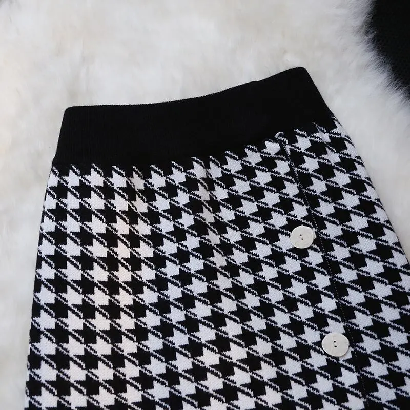 ボトムス スカート 千鳥格子柄 ニット 不規則 ハイウエスト ブラック