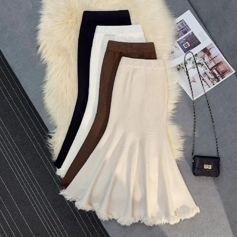 4colors スカート マーメイド ニット フリンジ ホワイト ベージュ ブラック コーヒー色