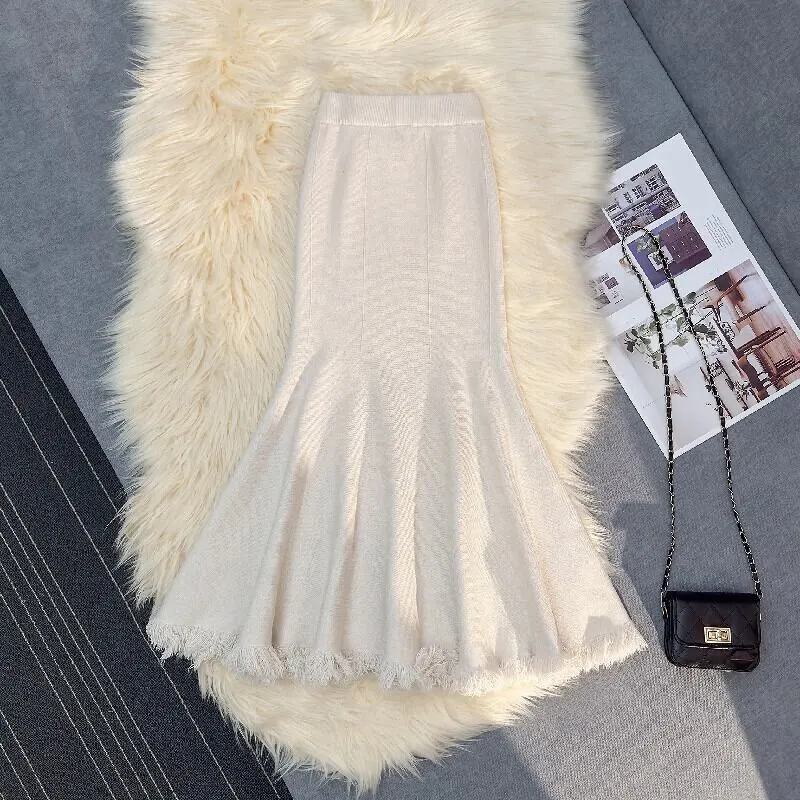 4colors スカート マーメイド ニット フリンジ ホワイト ベージュ ブラック コーヒー色