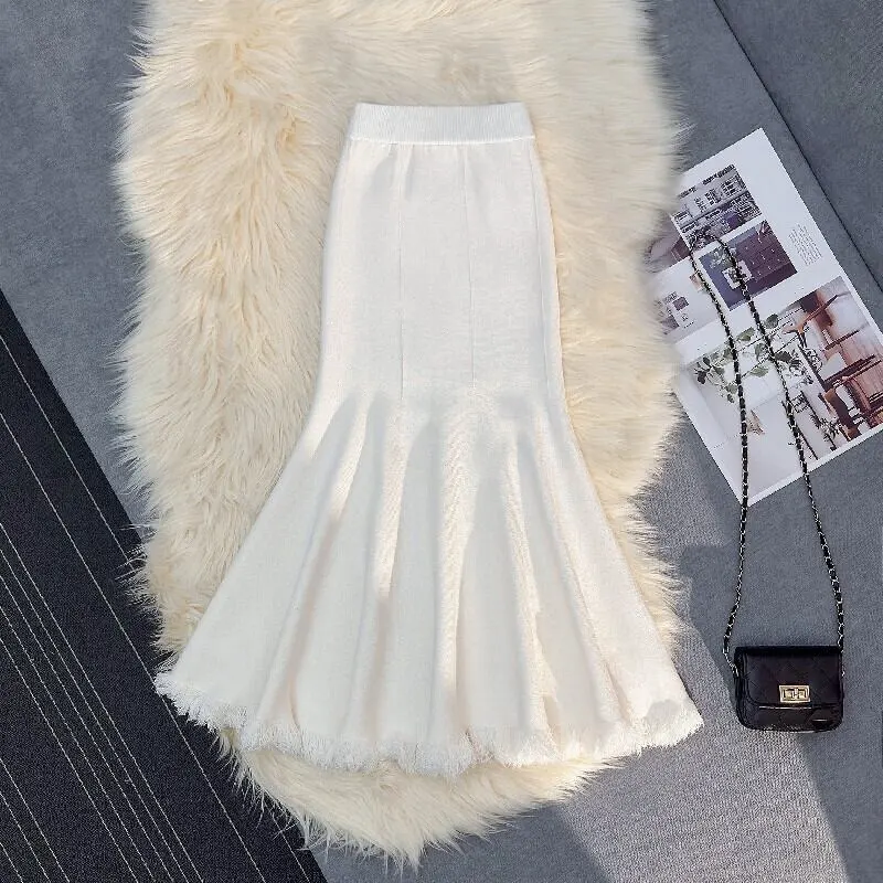 4colors スカート マーメイド ニット フリンジ ホワイト ベージュ ブラック コーヒー色