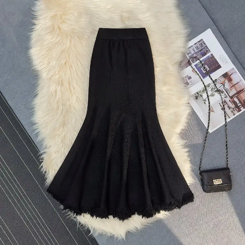 4colors スカート マーメイド ニット フリンジ ホワイト ベージュ ブラック コーヒー色