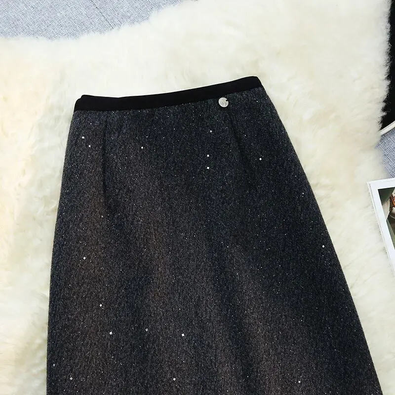 ボトムス スカート スパンコール バックスリット ダークグレー ブラック