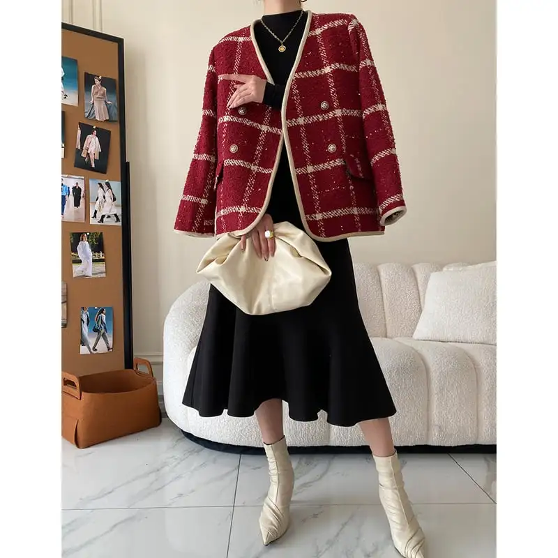 アウター ジャケット チェック柄 綿入れ 目を奪われる レッド