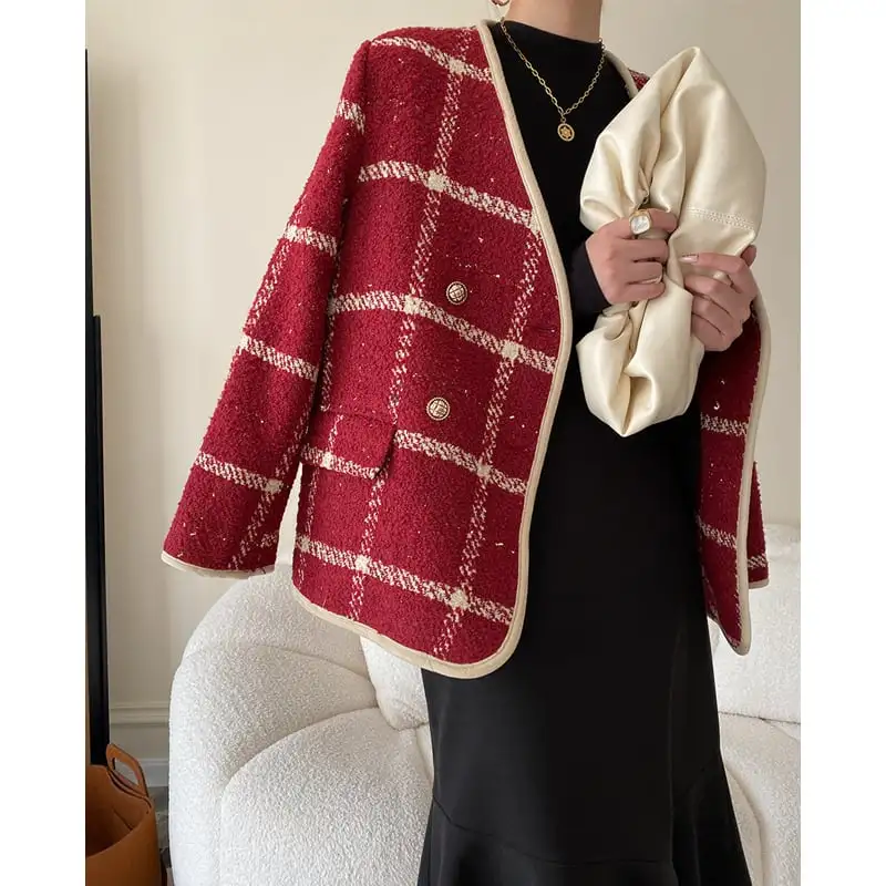 アウター ジャケット チェック柄 綿入れ 目を奪われる レッド