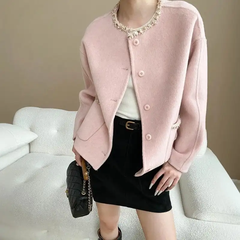 アウター ジャケット ダブルクロス 貝殻レース 長袖 ピンク