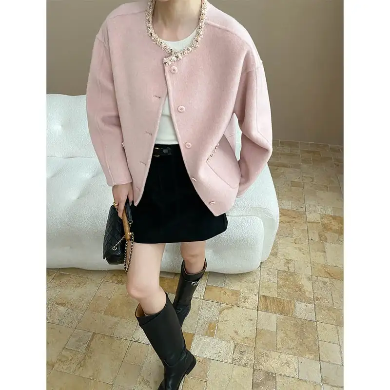 アウター ジャケット ダブルクロス 貝殻レース 長袖 ピンク