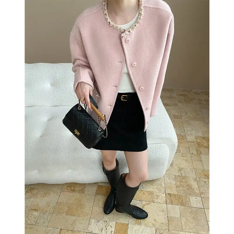 アウター ジャケット ダブルクロス 貝殻レース 長袖 ピンク