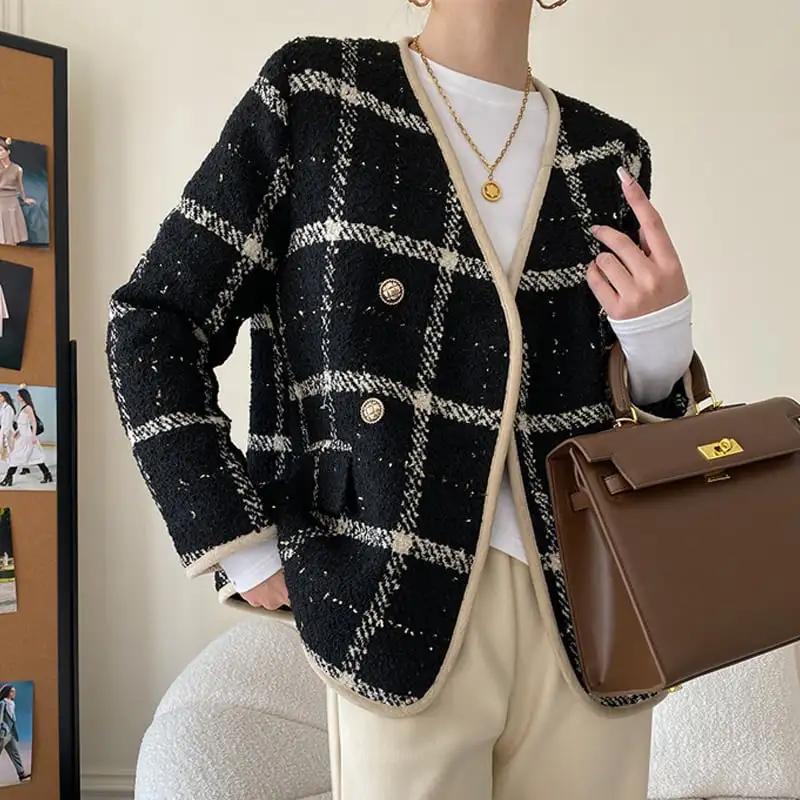 アウター ジャケット チェック柄 長袖 綿入れ ブラック