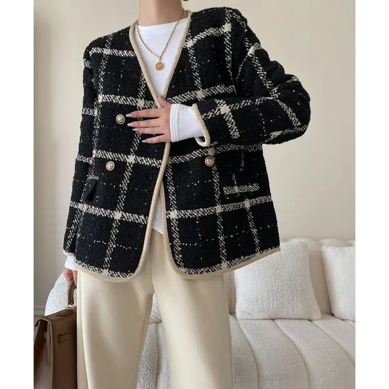 アウター ジャケット チェック柄 長袖 綿入れ ブラック